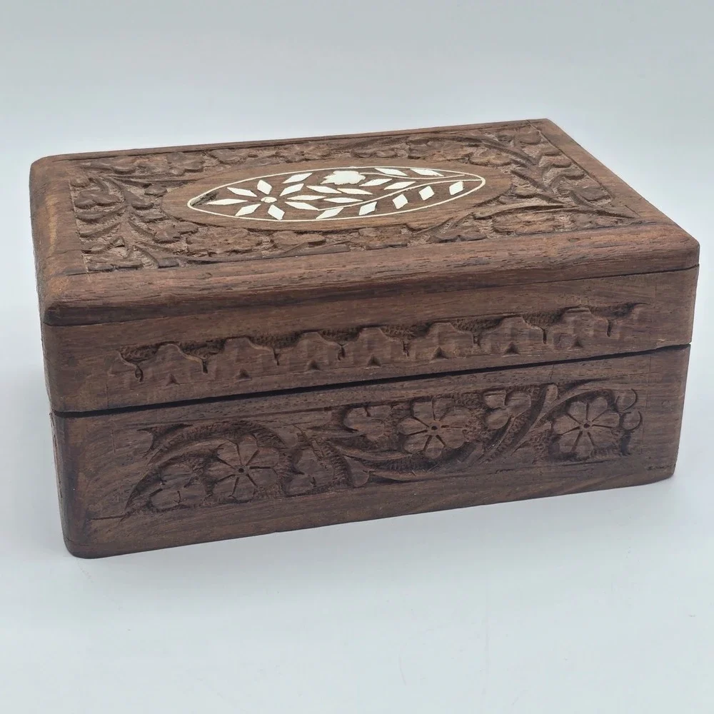 Vintage Hand Carved Wood Box Floral Design Inlay velvet lined Jewelry Box
